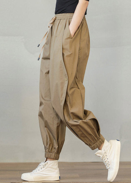 Khaki Pockets Elastic Waist Drawstring Harem Pants Spring