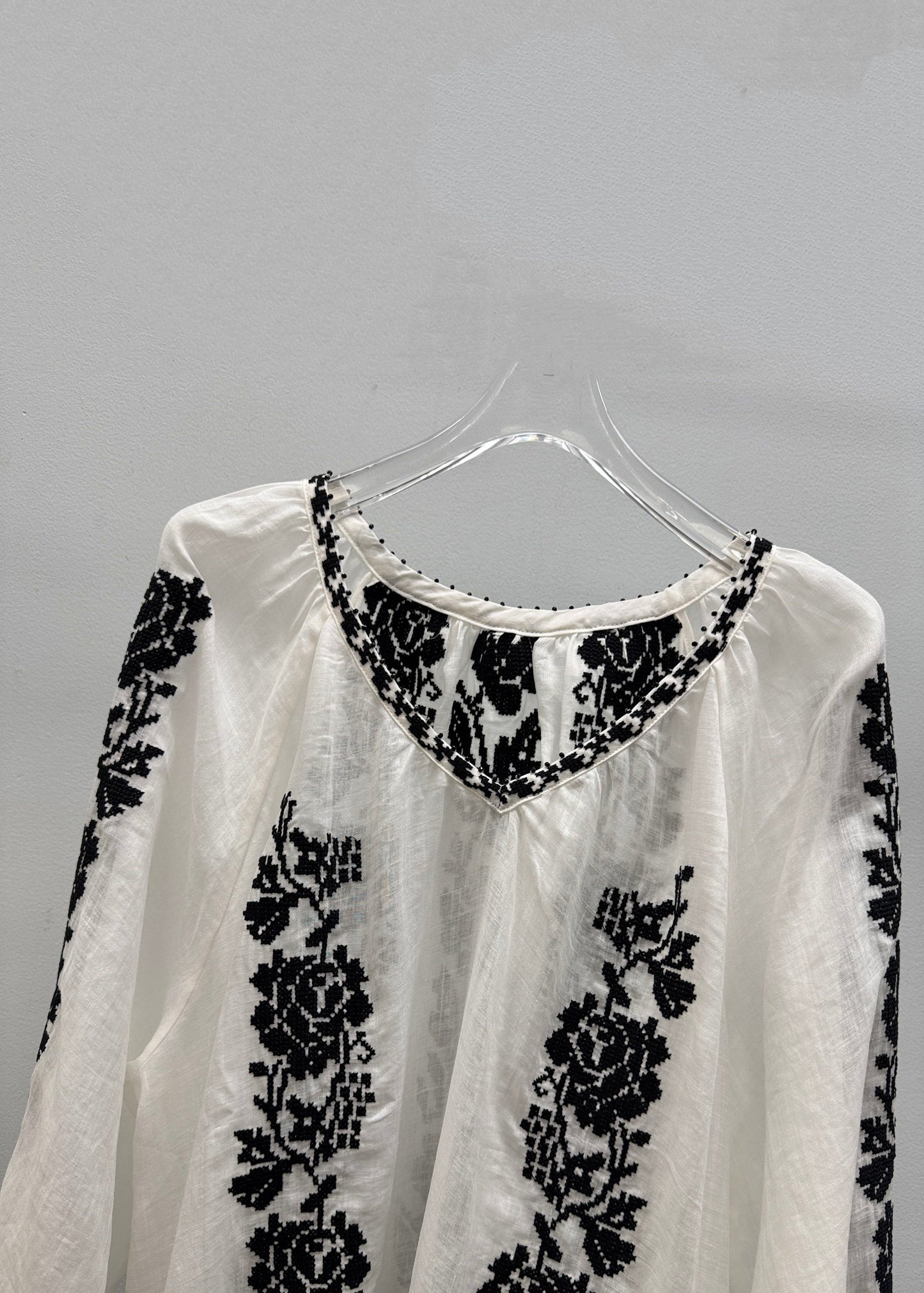 Handmade White V Neck Embroidered Linen Blouses Fall