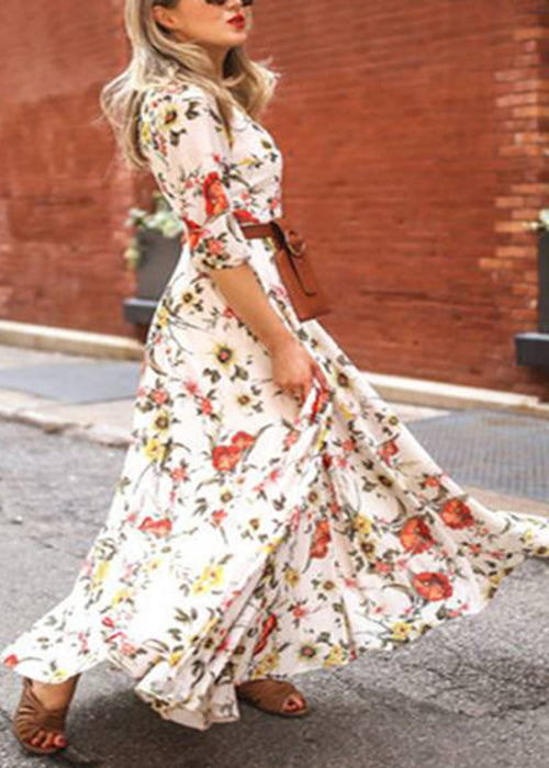 French Blue O-neck Print Chiffon Long Dresses Half Sleeve