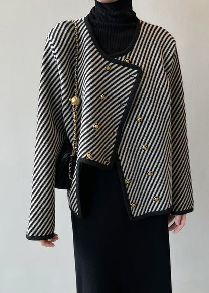Italian Asymmetrical Striped Double Breast Cotton Coats Fall