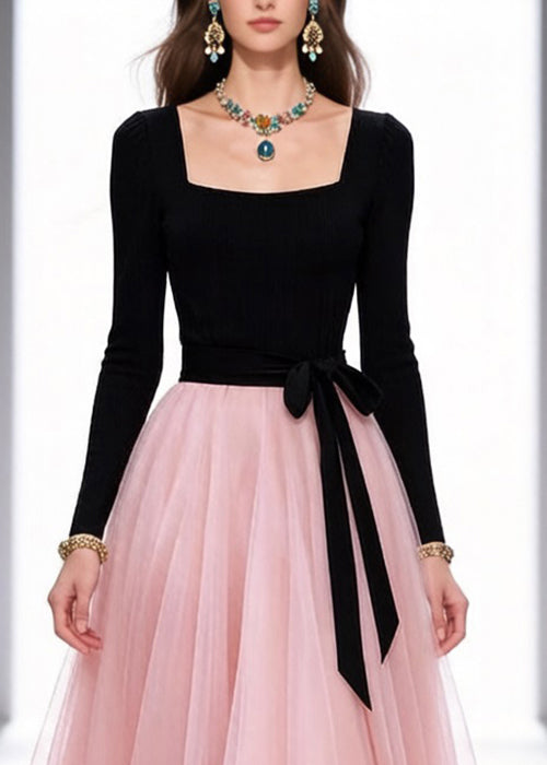 Original Black Square Collar Tie Waist Tulle Patchwork Long Dresses Spring