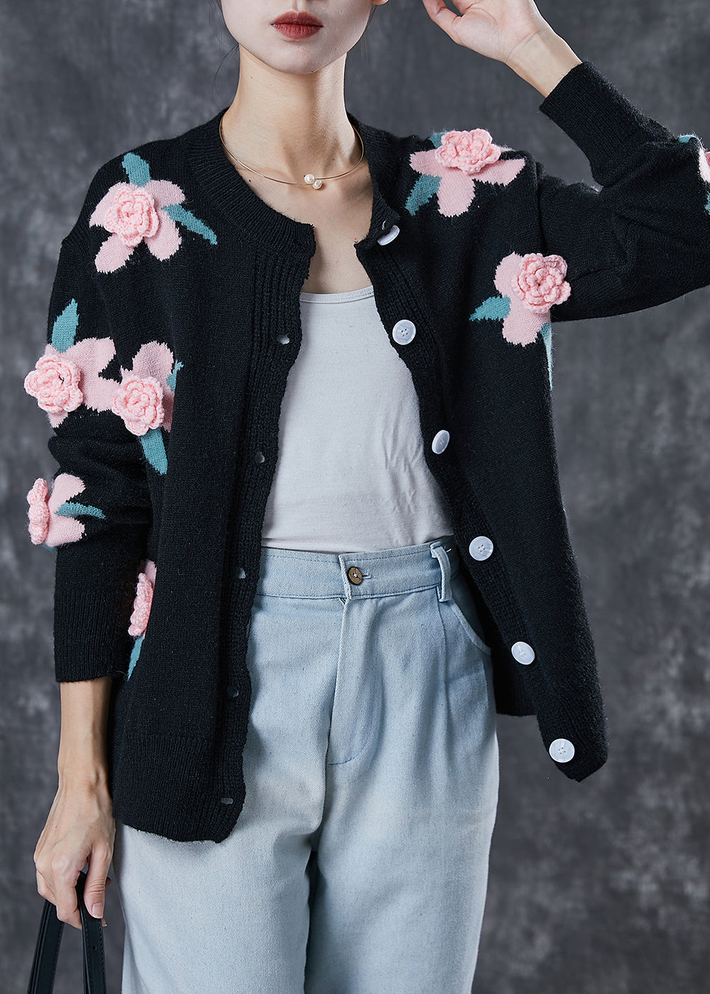 Black Cozy Knit Cardigans Stereoscopic Spring