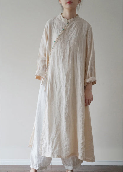 Linen Colour Linen Loose Dress Mandarin Collar Long Sleeve