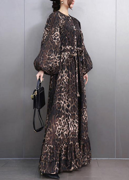 Leopard Button Tie Waist Maxi Dresses Fall