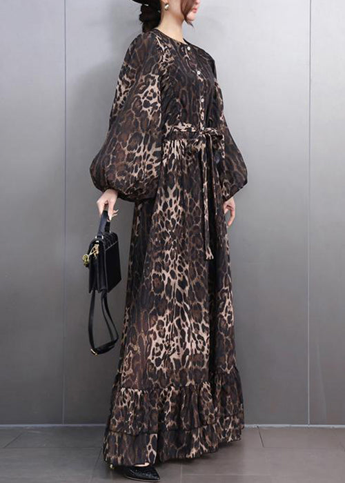 Leopard Button Tie Waist Maxi Dresses Fall
