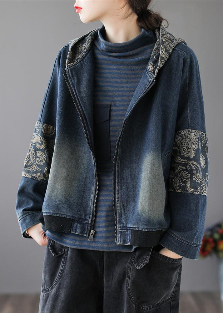 Blue V Neck Print Patchwork Zippered Cotton Denim Coat Long Sleeve