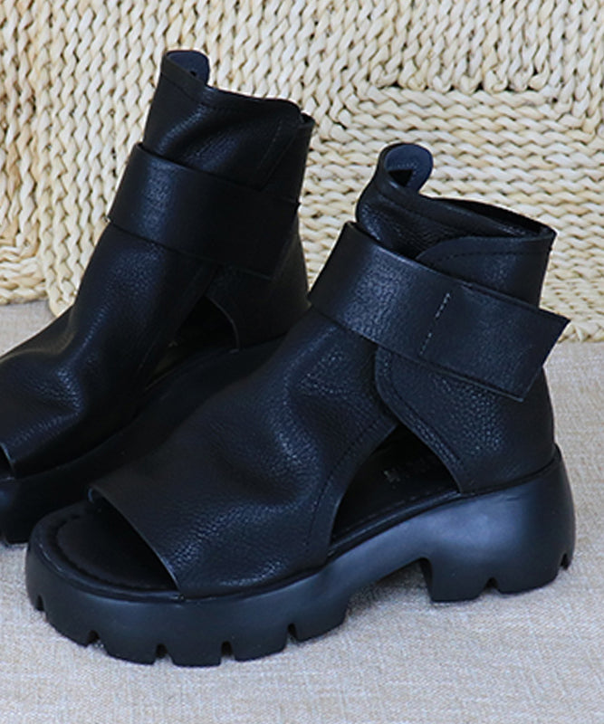 Unique Peep Toe Splicing Platform Boots Black Cowhide Leather