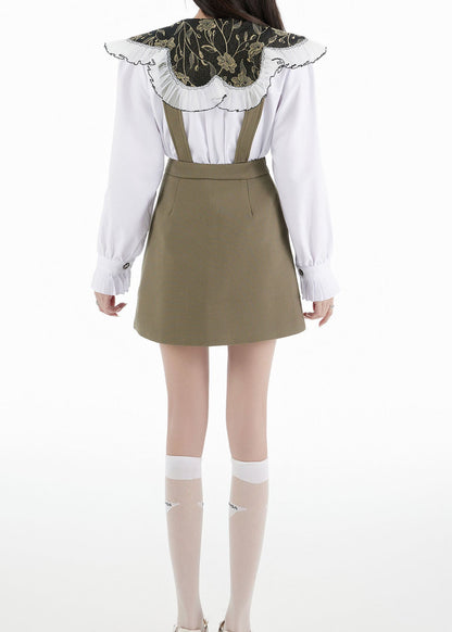 White Peter Pan Collar Shirts Tops and Skirts Cotton Two Pieces Set Spring