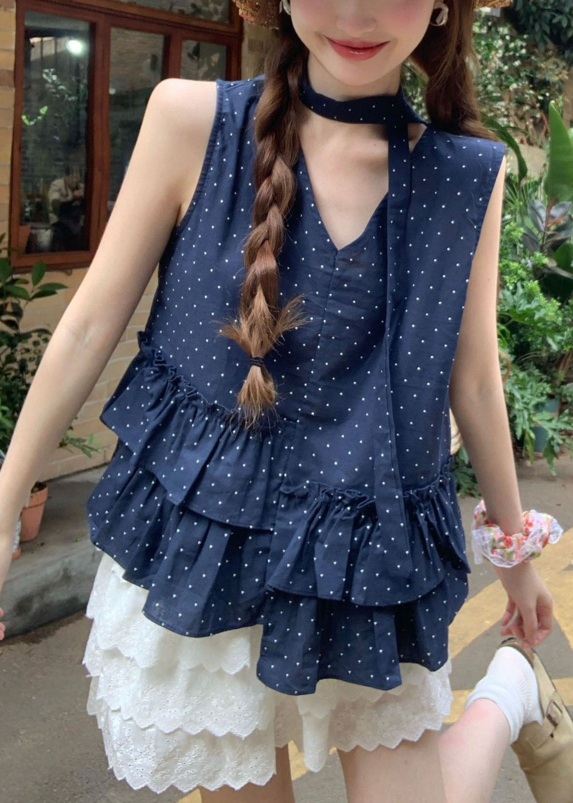 Navy Ruffled Print Cotton Tanks Sleeveless