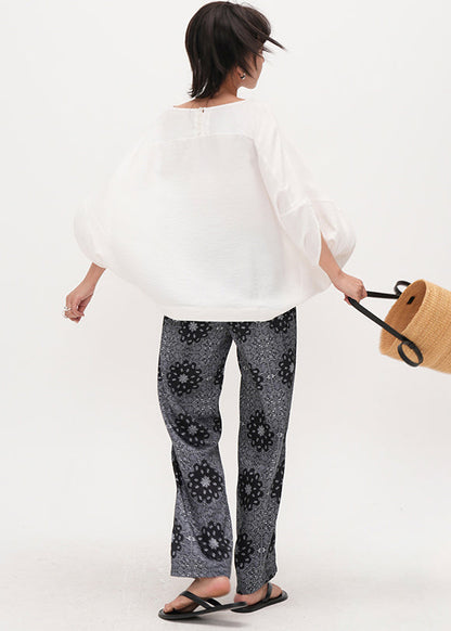 Grey Elastic Waist Print Cotton Straight Pants Summer