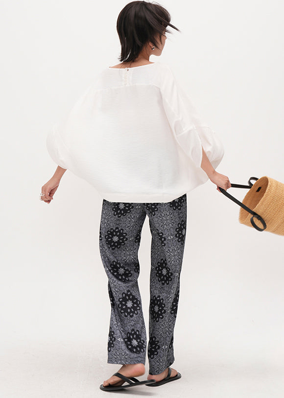 Grey Elastic Waist Print Cotton Straight Pants Summer