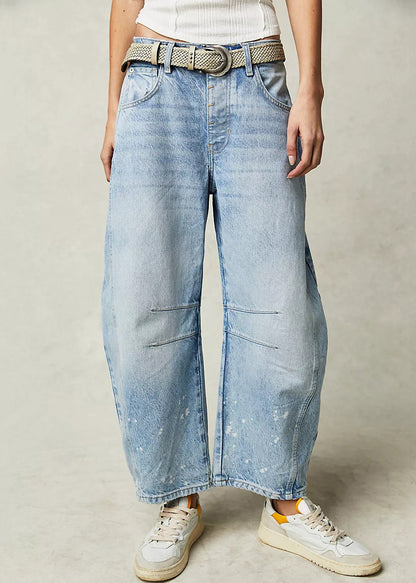 Modern Blue Pockets High Waist Denim Crop Pants Summer
