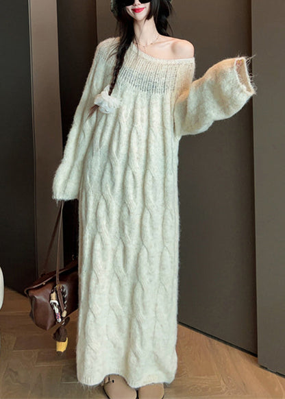 Beige Hollow Out Long Cable Knit Dress Spring