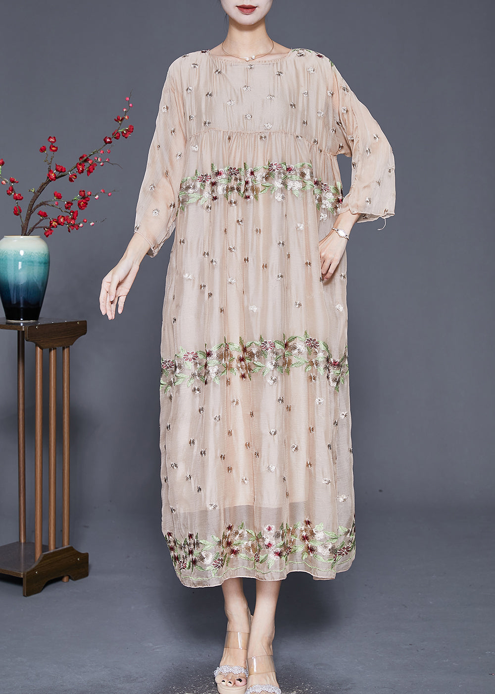 Apricot Embroideried Oversized Silk Maxi Dresses Fall