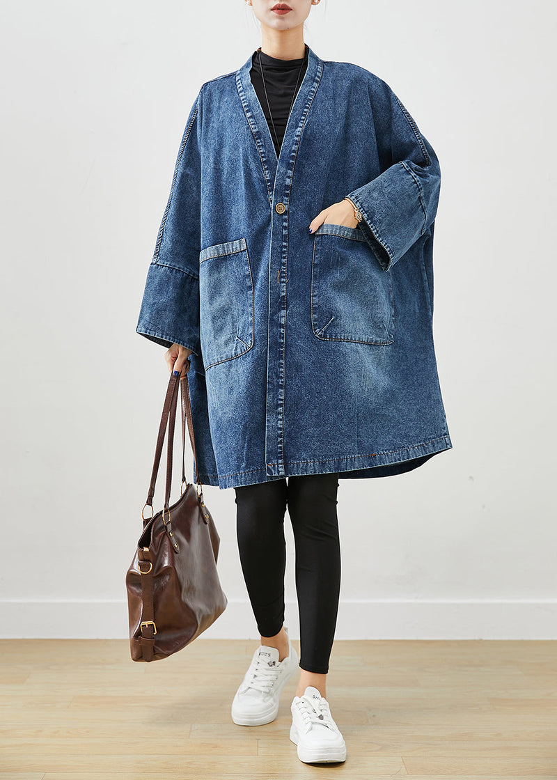 Blue Oversized Pockets Denim Trench Coats Batwing Sleeve