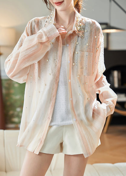 Orange Peter Pan Collar Nail Bead Zircon Chiffon Shirts Fall