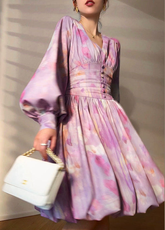 Purple V Neck Tie Dye Button Chiffon Cinch Dress Lantern Sleeve