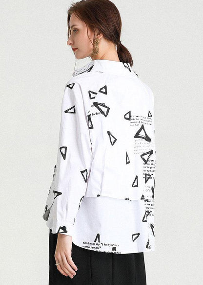 White Loose Print Fall Cotton Long Sleeve Shirt Top