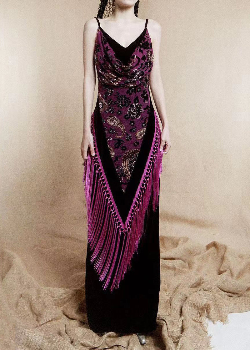 French Dark Gray V Neck Tasseled Silk Velour Spaghetti Strap Dress Sleeveless