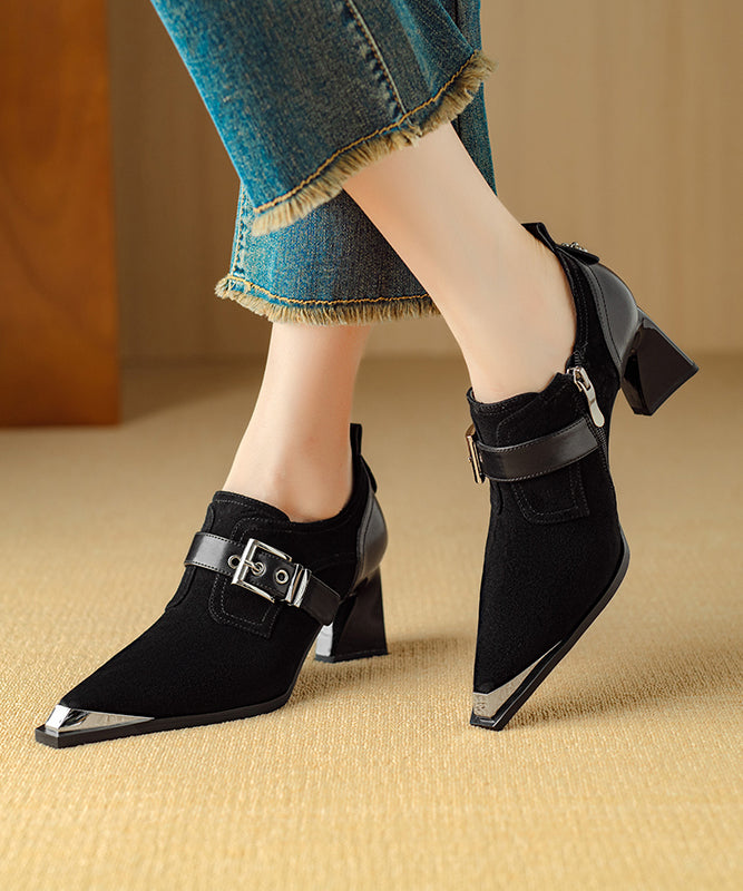 Splicing Chunky High Heels Brown Suede Pointed Toe