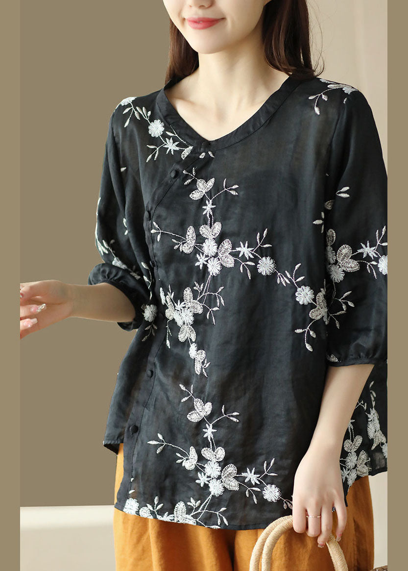 Black Patchwork Linen Top O-neck Embroideried Button Summer