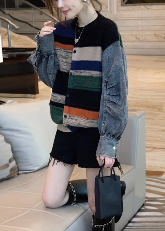 Colorblock Denim Patchwork Knitted Sweater Coat Autumn and Winter