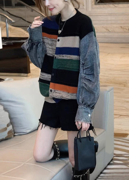 Colorblock Denim Patchwork Knitted Sweater Coat Autumn and Winter