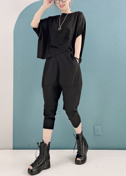 Style Black O-neck Asymmetrical Cotton Tops and Harem Pants Two Pieces Set Short Sleeve