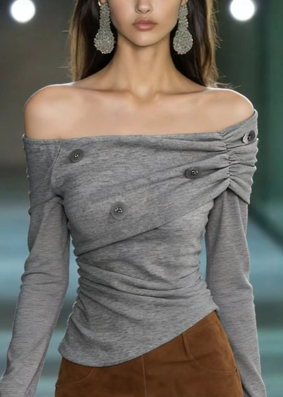 Grey Slash Neck Fur Patchwork Sequins Cotton T Shirts Spring