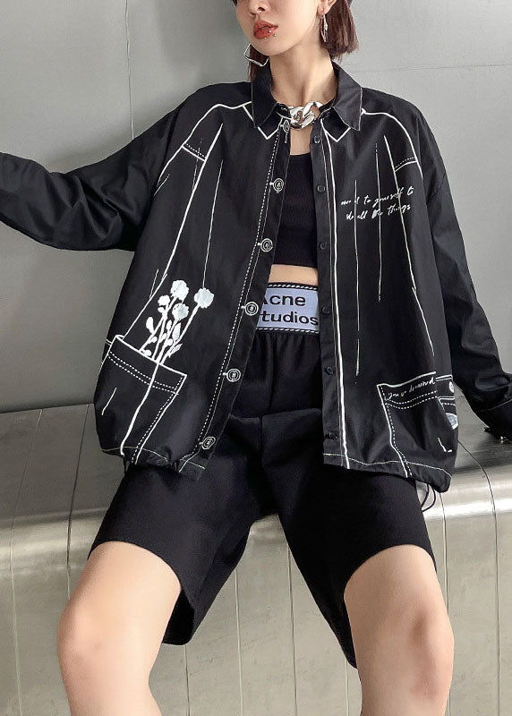 Black Print Drawstring Button Fall Long Sleeve Shirts