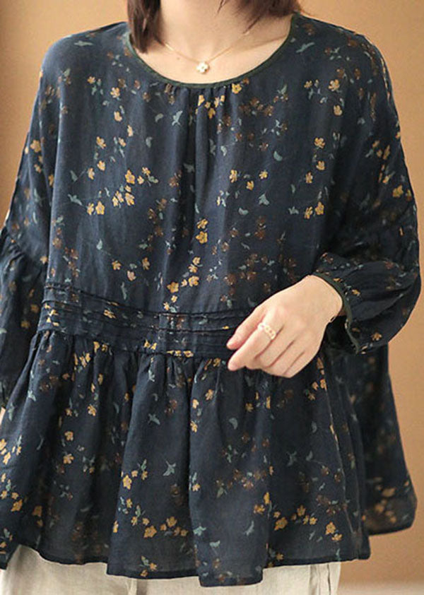 Style Navy O-neck Wrinkled Print Cotton Blend Loose Shirt Tops Batwing Sleeve