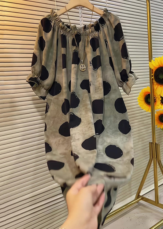 French Khaki Ruffled Dot Cotton Dress Butterfly Sleeve Summer