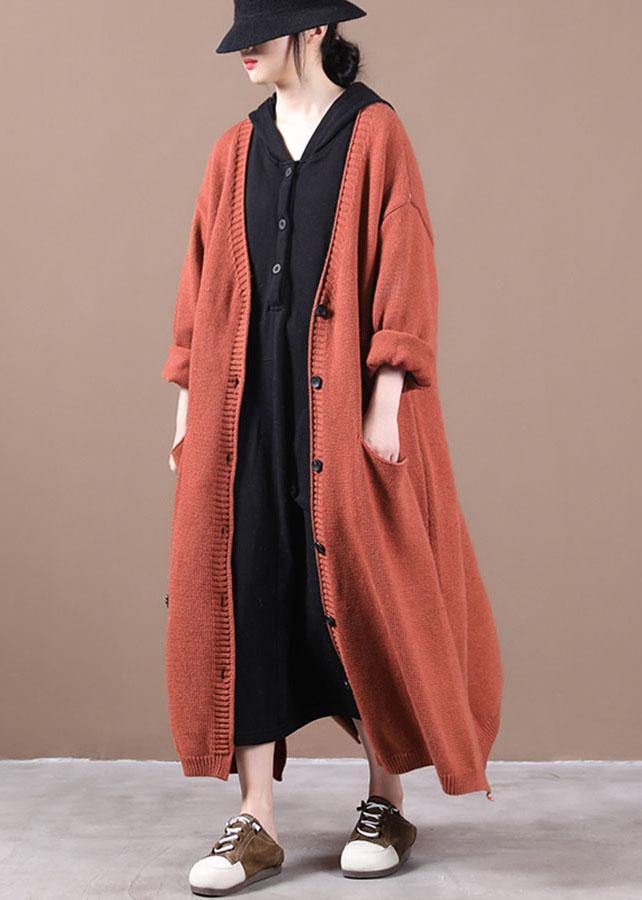 Orange Red Pockets Fall Long Knit Coat