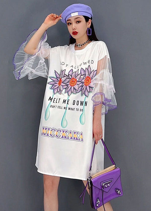 Unique White O-neck Tulle Original Print Patchwork Mid Dress Flare Sleeve