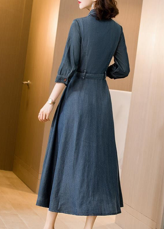 Fitted Blue Embroideried Tie Waist Patchwork Denim Dress Bracelet Sleeve