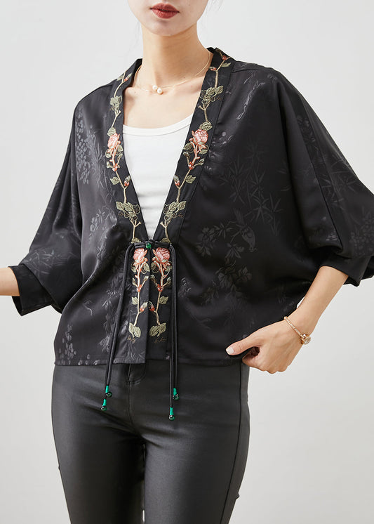Black Embroideried Tasseled Silk Cardigan Spring