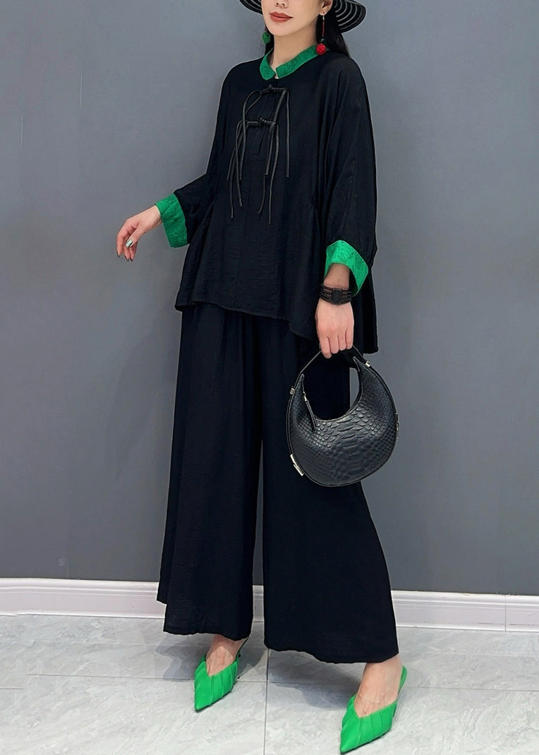 Black Print Button Shirts and Wide Leg Pants Two Piece Set Long Sleeve