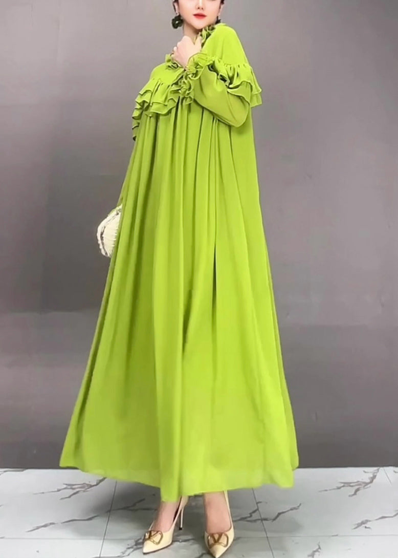 Loose Green Ruffled Chiffon Long Dress Fall