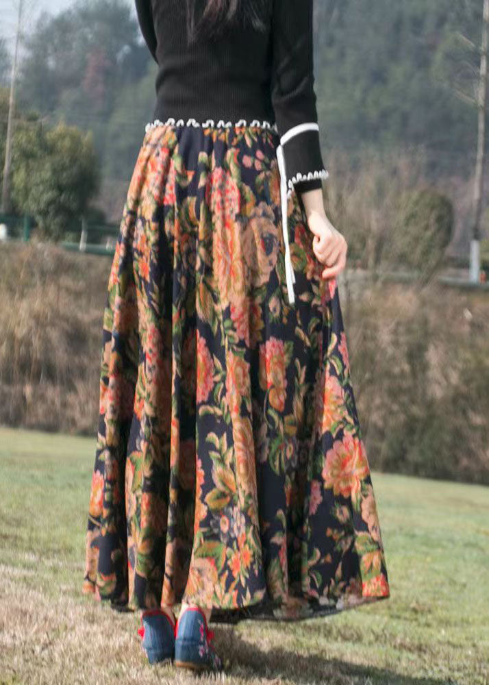 Print Wrinkled Elastic Waist Maxi Skirt
