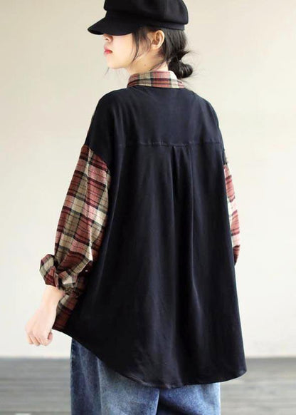 Loose Black Plaid for Lapel Patchwork Short Spring Top
