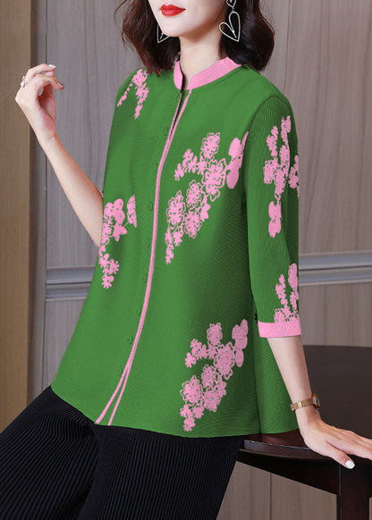 Pink Stand Collar Print Patchwork Button Shirts Bracelet Sleeve