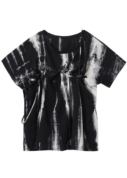Black Tie Dye One Shoulder Tie Waist Shirt Tops Summer