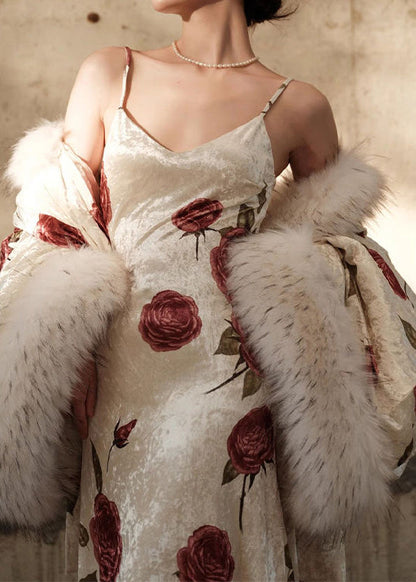 Autumn New Rose Print Fur Collar Silk Dress Two Piece Set