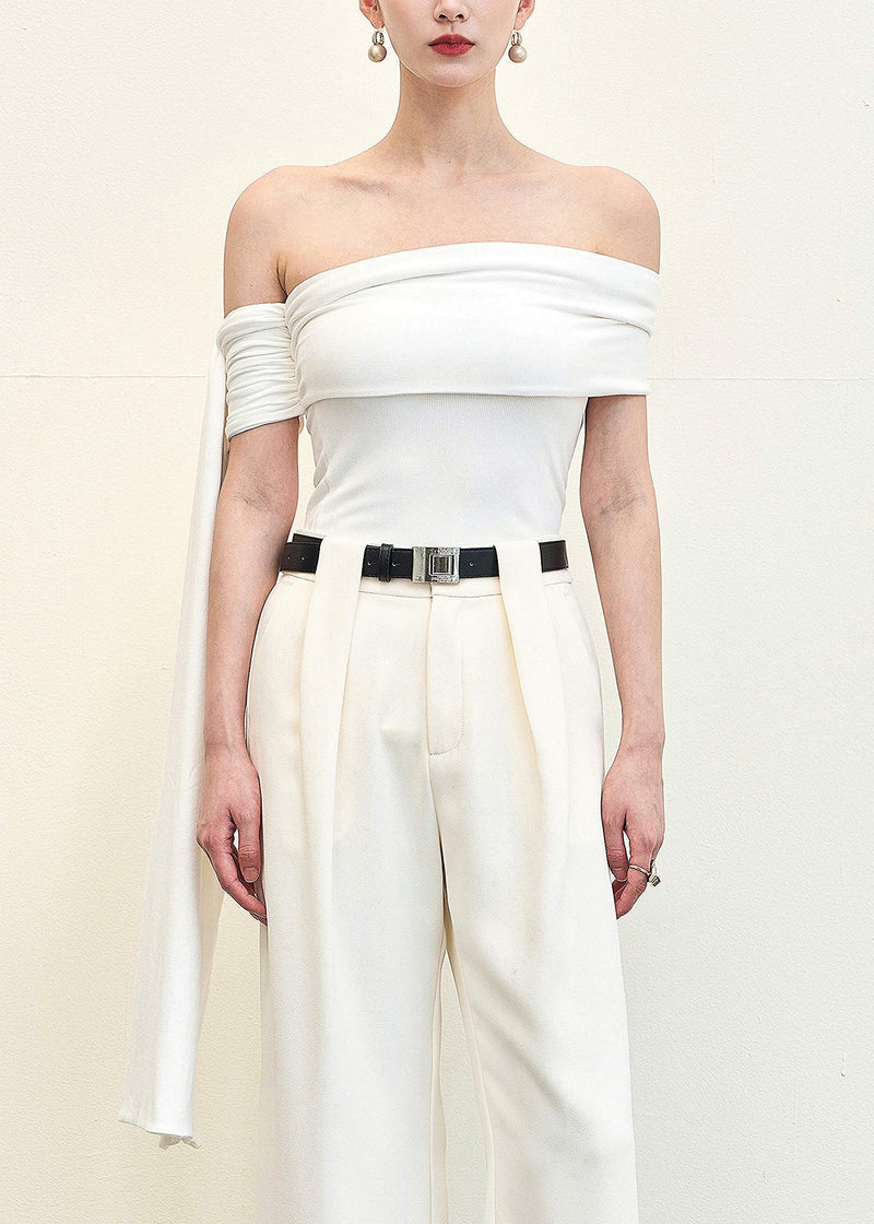 Slim Fit White Slash Neck Cotton Tops Sleeveless