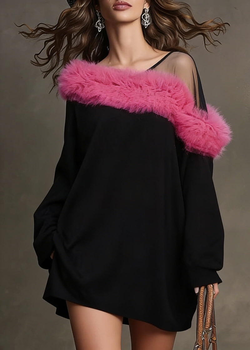 Black One Shoulder Patchwork Faux Fur Mini Dresses Spring