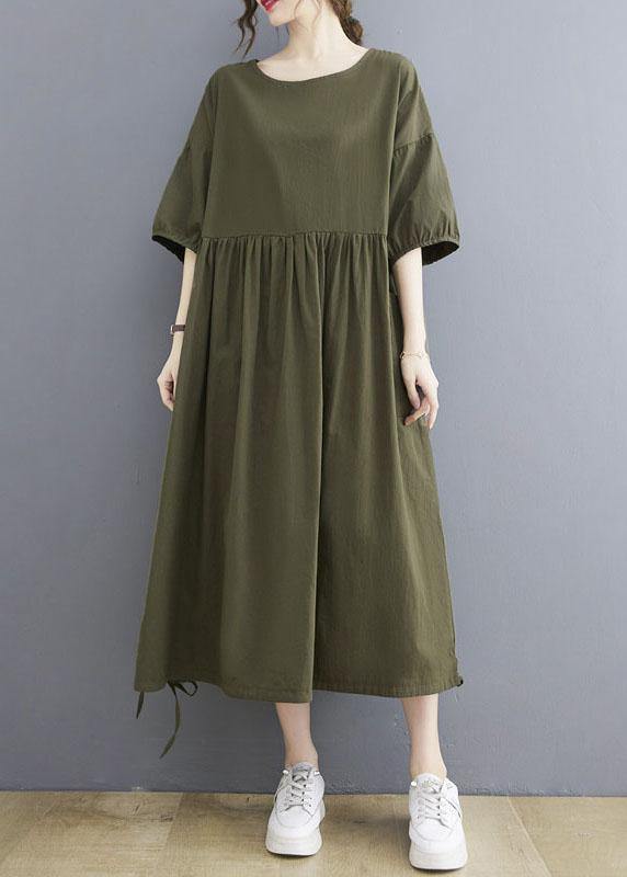 Handmade Army Green Cinched O Neck Vacation Dresses Puff Sleeve