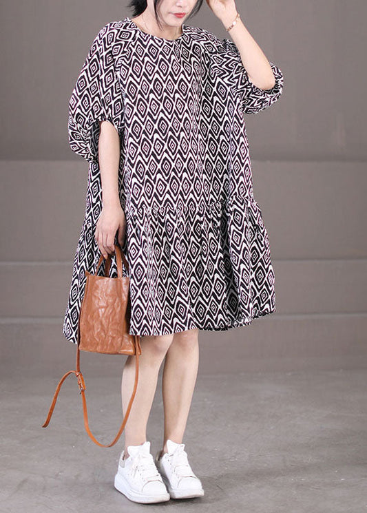 Black Puff Sleeve Plaid Print Patchwork Cotton a Line Dress Summer