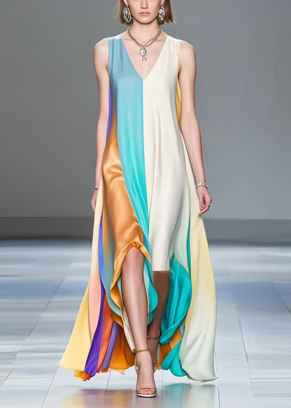 Asymmetrical Patchwork Silk a Line Dresses Sleeveless