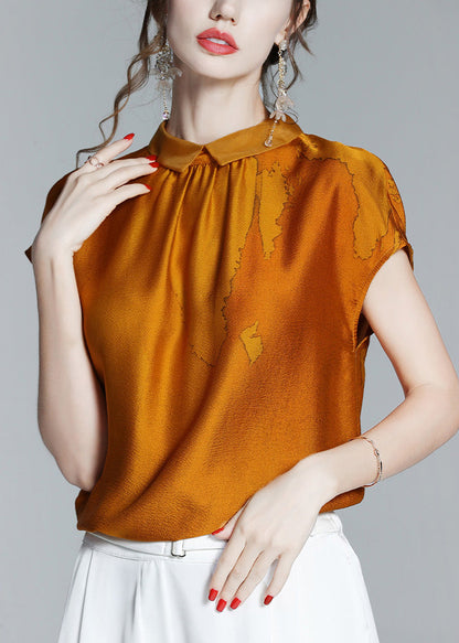 Classy Caramel Peter Pan Collar Print Silk T Shirtshort Sleeve