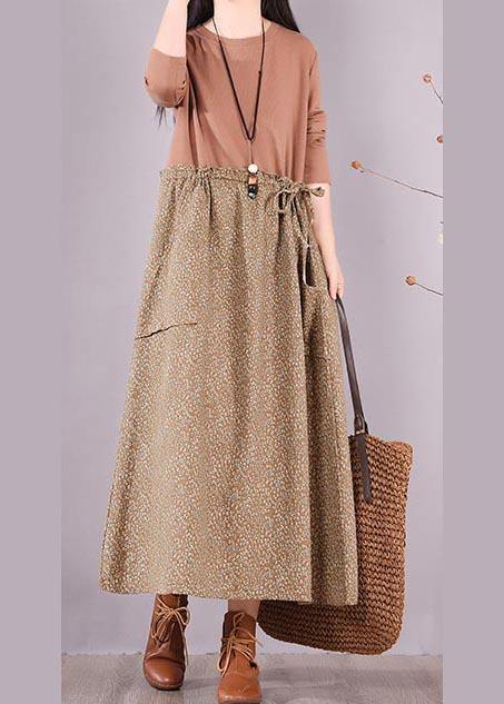 Handmade Khaki Patchwork Print Tunics for O Neck Spring Dress